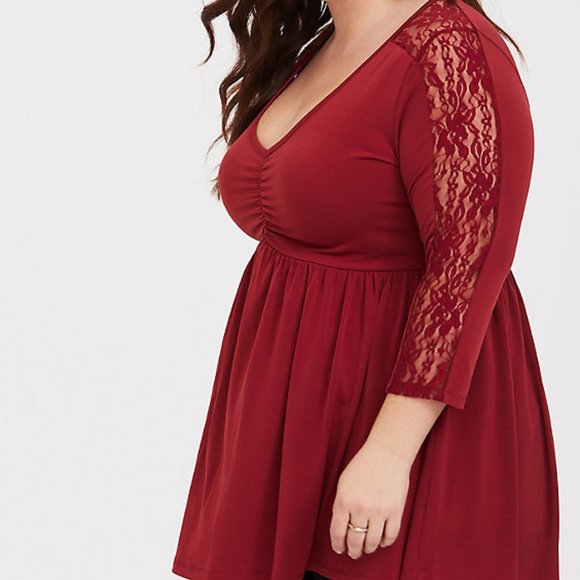 torrid Tops - Torrid Dark Red Studio Knit Lace Babydoll Blouse 0